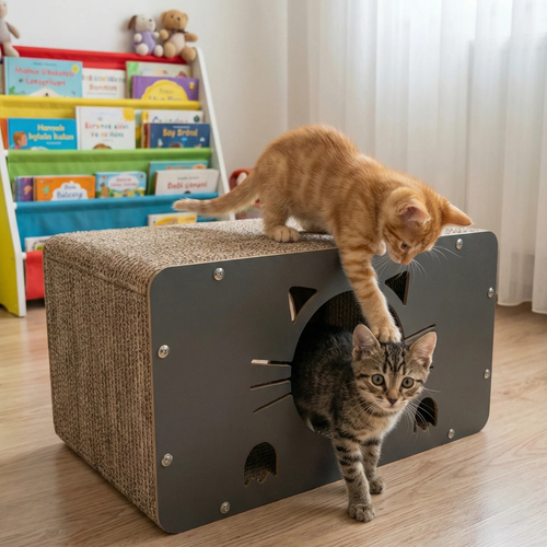 Kedi Tırmalama Evi — Ahşap & Karton, Oyun + Dinlenme