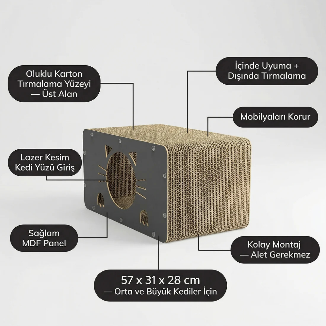 Kedi Tırmalama Evi — Ahşap & Karton, Oyun + Dinlenme